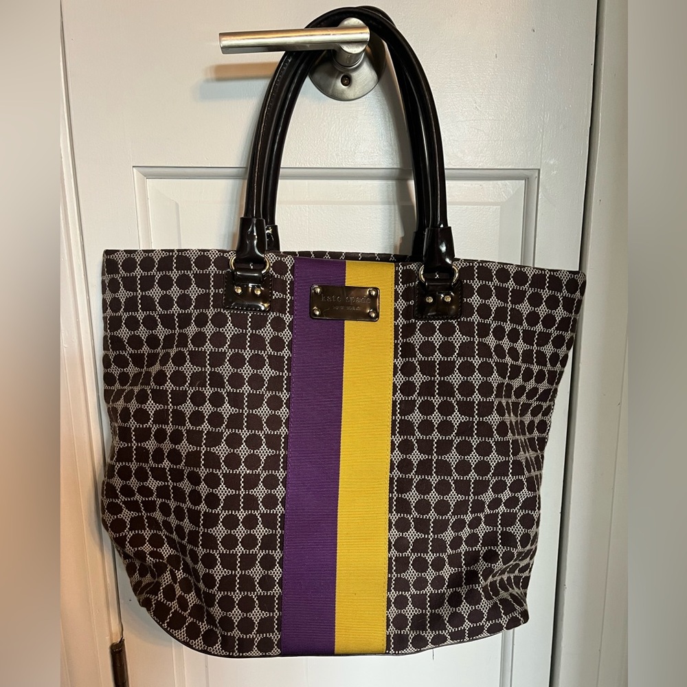 Brown Kate spade tote with stripes.   Very good condition.